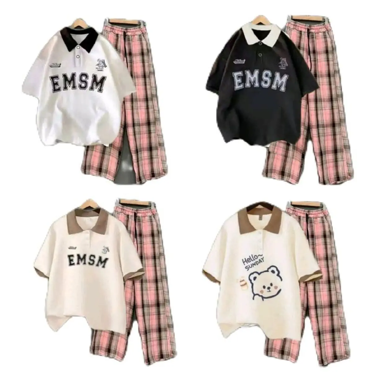 Bộ quần áo kẻ caro hồng ống rộng + áo thun polo cổ bẻ phom rộng tay lỡ chất mát mềm mịn mặc được quanh năm cá tính phong cách Hàn Quốc - Top, Nữ