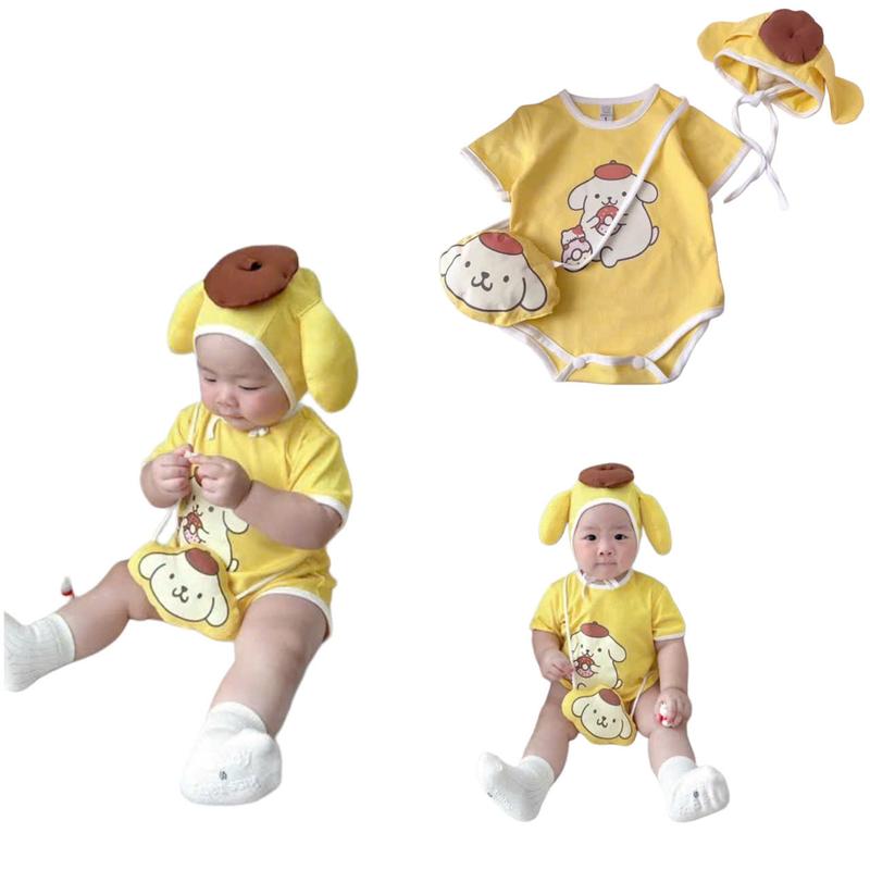 Body Cún Vàng Kèm Mũ Và Túi Cho Bé Trai, Bé Gái 3-9 Kg, Body Mặc Mùa Hè