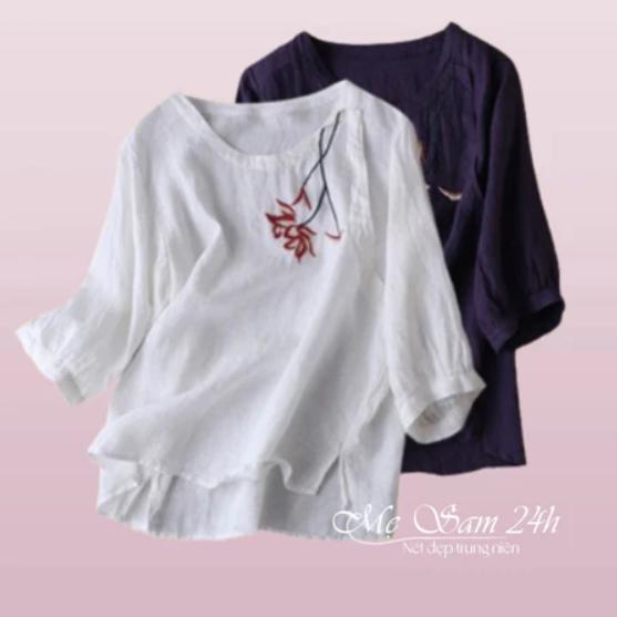 Áo Trung Niên Nữ Cổ Tròn Tay Lỡ Thêu Hoa, Áo Kiểu Nữ Form Rộng Bigsize Chất Liệu Đũi Tơ Mềm Nhẹ Mát Mẹ Sam 24h - AKH.64 Top Sơ Mi Women Voan