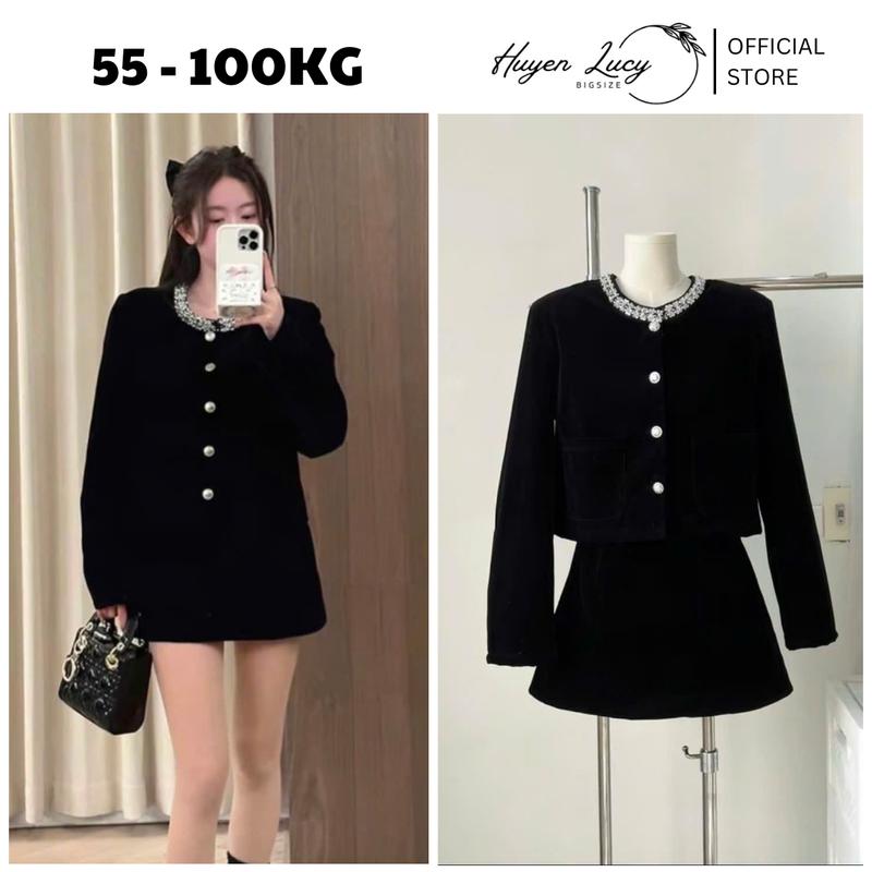 Set nhung nữ bigsize áo khoác cổ tròn viền đá kèm chân váy chữ A sang hết nấc Huyền Lucy Bigsize Women Top
