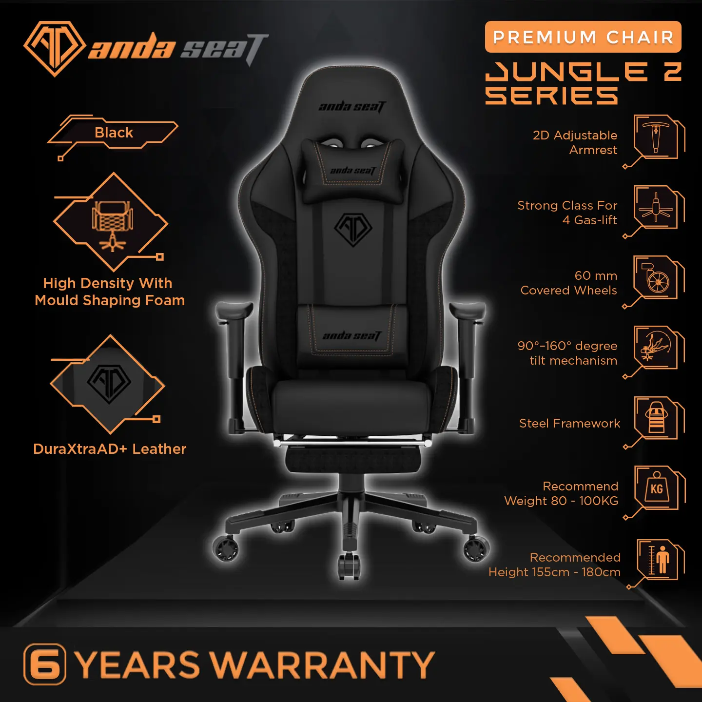 ANDASEAT Jungle 2 Series Kursi Gaming Chair with Footrest - Black