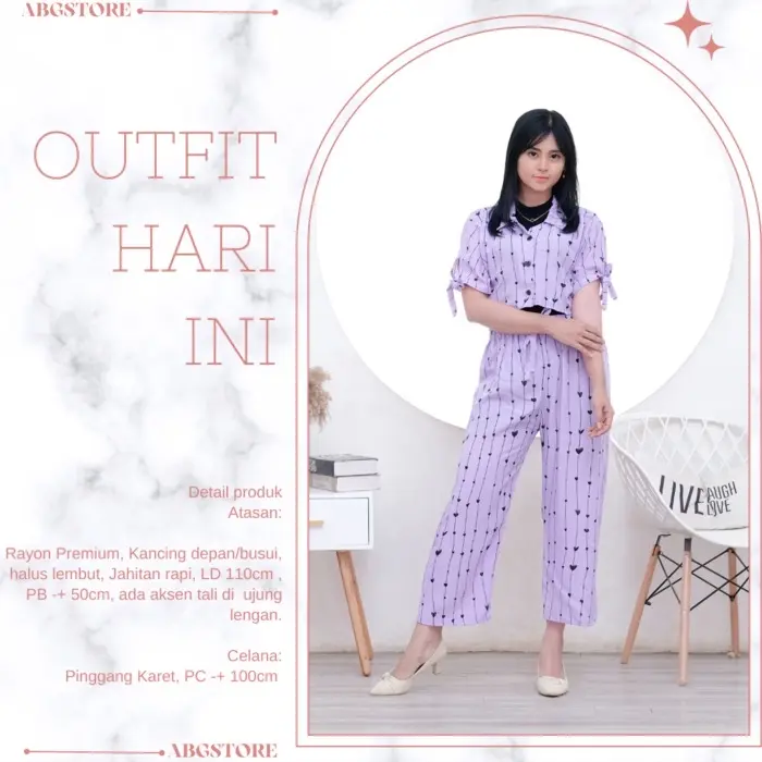 One Set Crop Top Terbaru Motif Love Setelan Celana Lengan pendek Bisa Dicuci Dengan Mesin Baju Karet Kancing Setrip 5