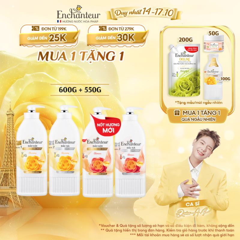 [COMBO TIẾT KIỆM GỘI XẢ] Combo Dầu Gội Enchanteur 600g Thơm Hương Nước Hoa với Keratin, Dầu Hạnh Nhân, B5 x2 Phục Hồi Hư Tổn và Óng Ả, Không gàu bết ngứa + Dầu Xả 550g hương Charming