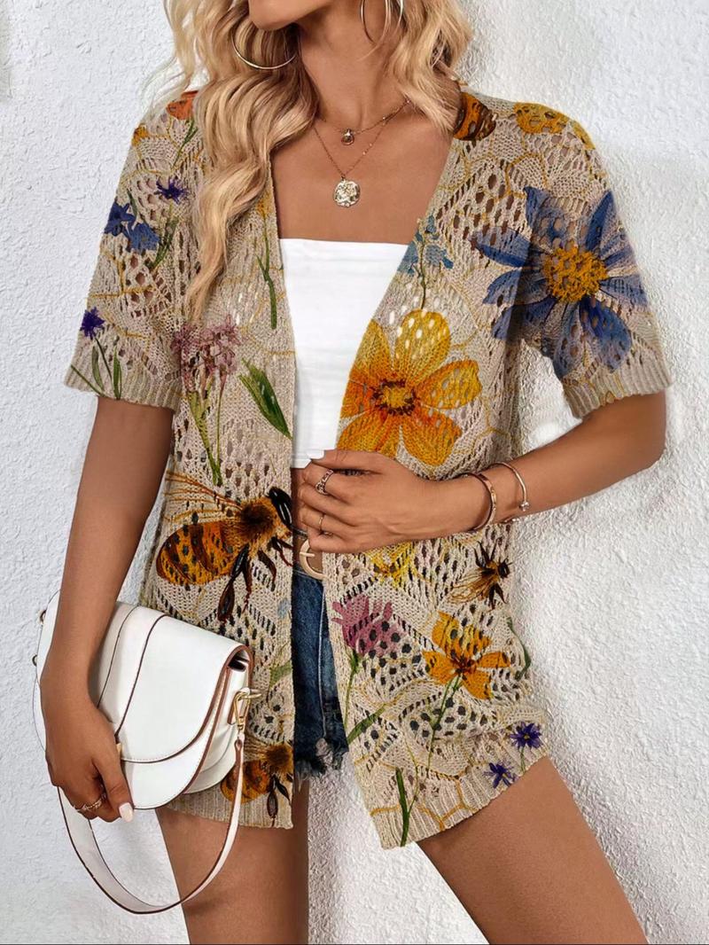 Product Introduction of Women's Floral & Bee Print Cardigan, Boho Casual Cardigan for Beach Vacation Holiday, Ladies Summer Clothes, Knitwear 1
