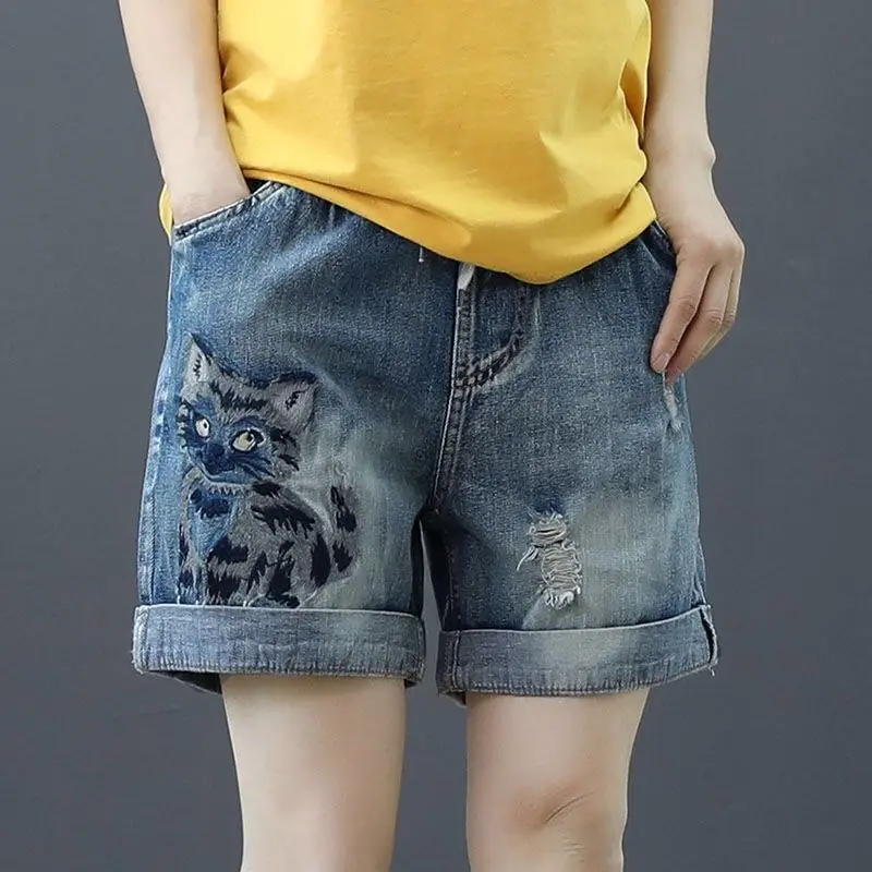 Quần Short Denim Thêu, Eo Co Giãn, Dành Cho Nữ, Dáng Rộng Vừa Vặn, Bộ Sưu Tập Xuân Hè, Hàng Mới Về, Cạp Cao, Mỏng Vừa Vặn, Phong Cách Đi Chơi Thiết Kế Rách, Quần Ngắn Thẳng