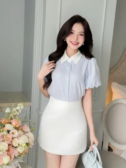 Áo sơ mi nữ cộc tay cổ Đức dáng suông tôn dáng che khuyết điểm 308045