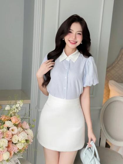 Áo sơ mi nữ cộc tay cổ Đức dáng suông tôn dáng che khuyết điểm 308045