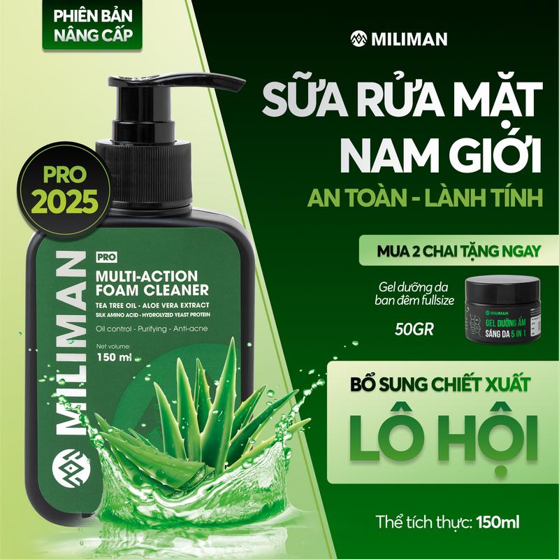[PRO] Sữa Rửa Mặt Nam Công Nghệ Amino Acid Vector MILIMAN 150ML - Phiên Bản PRO 2025 Bổ Sung Chiết Xuất Lô Hội Tốt Cho Skincare Da Dầu Mụn  | Mua 2 Chai Tặng Gel Dưỡng Đêm Fullsize 50ML