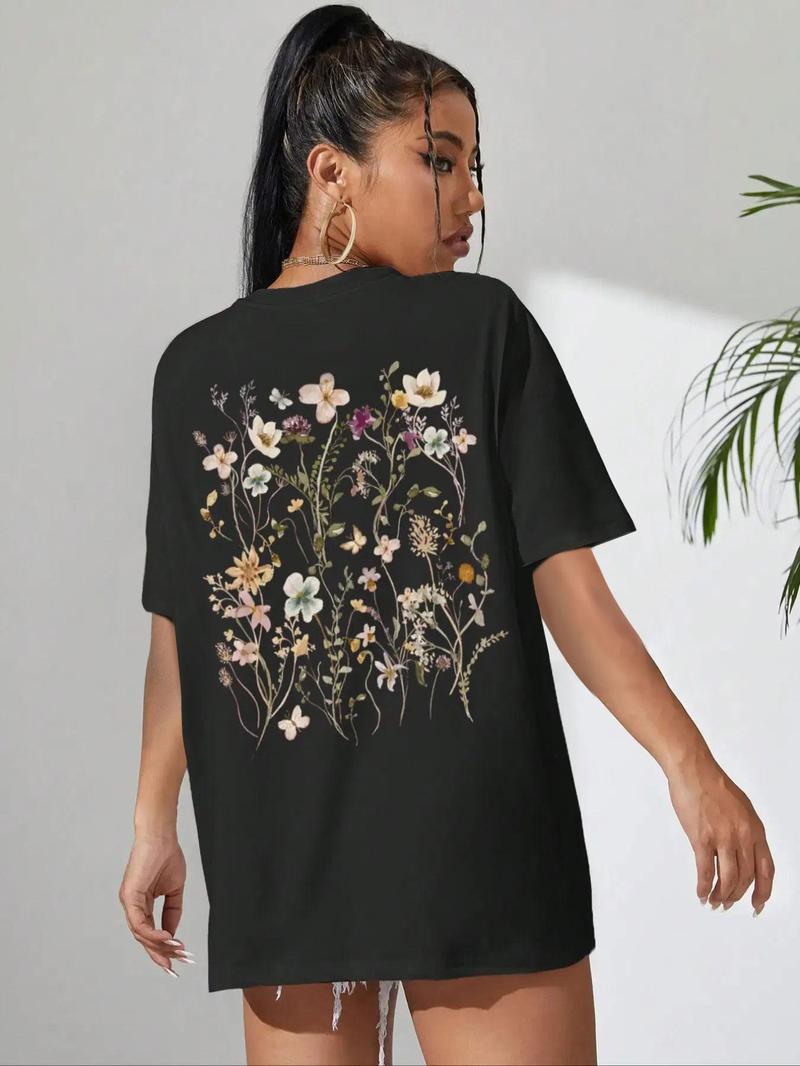 Product Introduction of Women's Floral Print Drop Shoulder Crew Neck Tee, Street Fashion Casual Half Sleeve Round Neck T-shirt for Summer, Streetwear Tshirt, Ladies Summer Clothes, Graphic Tees, Clothing, Tops 8