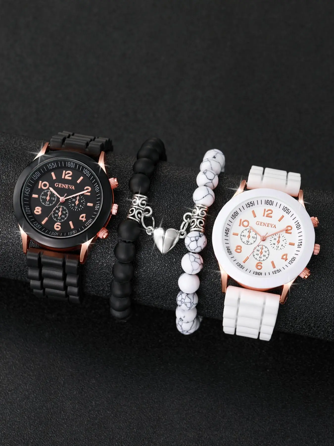 Simple Round Dial Quartz Watch & Heart Charm Beaded Bracelet Set, 4pcs Fashion Watch Set for Party, Daily Clothing Decor, Trendy All-match & Exquisite Watch Set for Gift without Box, Boyfriend Gifts, Valentine's Day, Gift