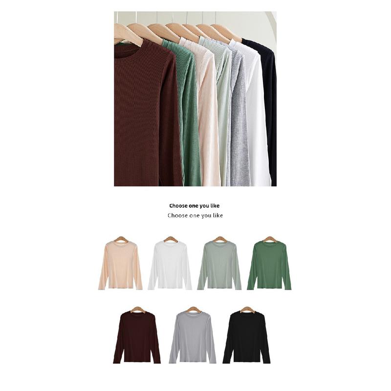 Product Introduction of Women's Long-Sleeved Bottoming Shirt Fall and Winter Inner Wear 2024 New Thread round Neck Loose Slim Western Style Black T-shirt Top Womenswear Lingerie Lady Comfort Longsleeve Basic turtleneck  tank Crewneck Minimalist 4