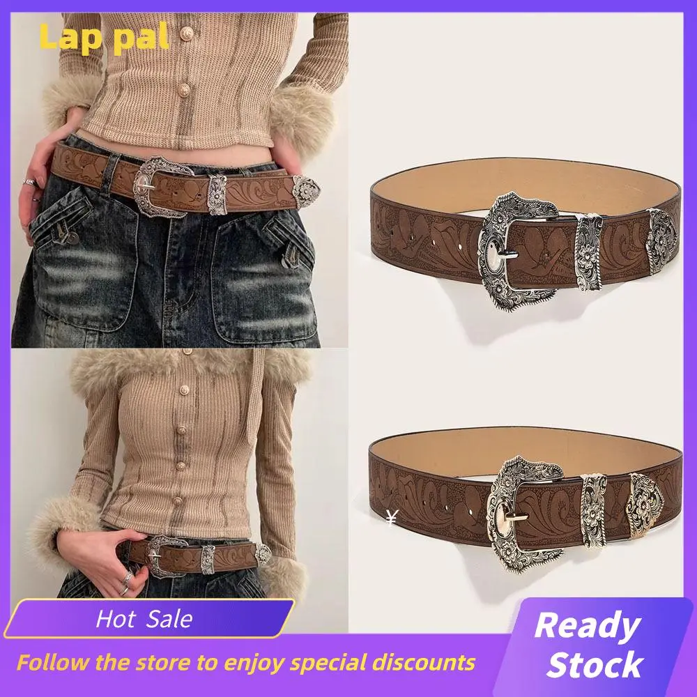 Casual Vintage PU Leather Waistband Versatile Y2k Cowgirl Waist Belt with Metal Caved Buckle Jeans Belt