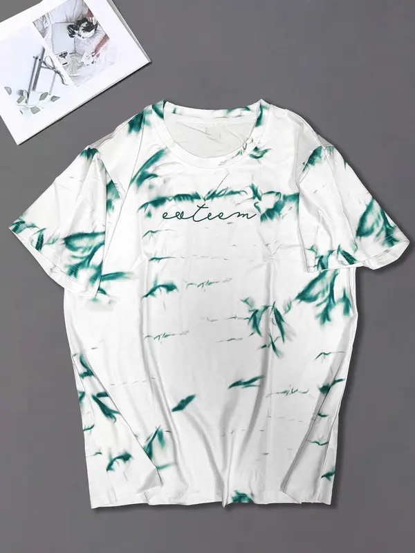 Men's Tie Dye & Letter Print Round Neck Tee, Regular Fit Casual Short Sleeve Crew Neck T-shirt for Summer, Fashion Men's Top for Daily Wear 2