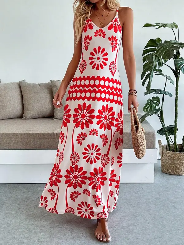 Women's Floral Print Dress, Casual Boho Sleeveless Dress for Beach Holiday Vacation, Ladies Summer Clothes 3