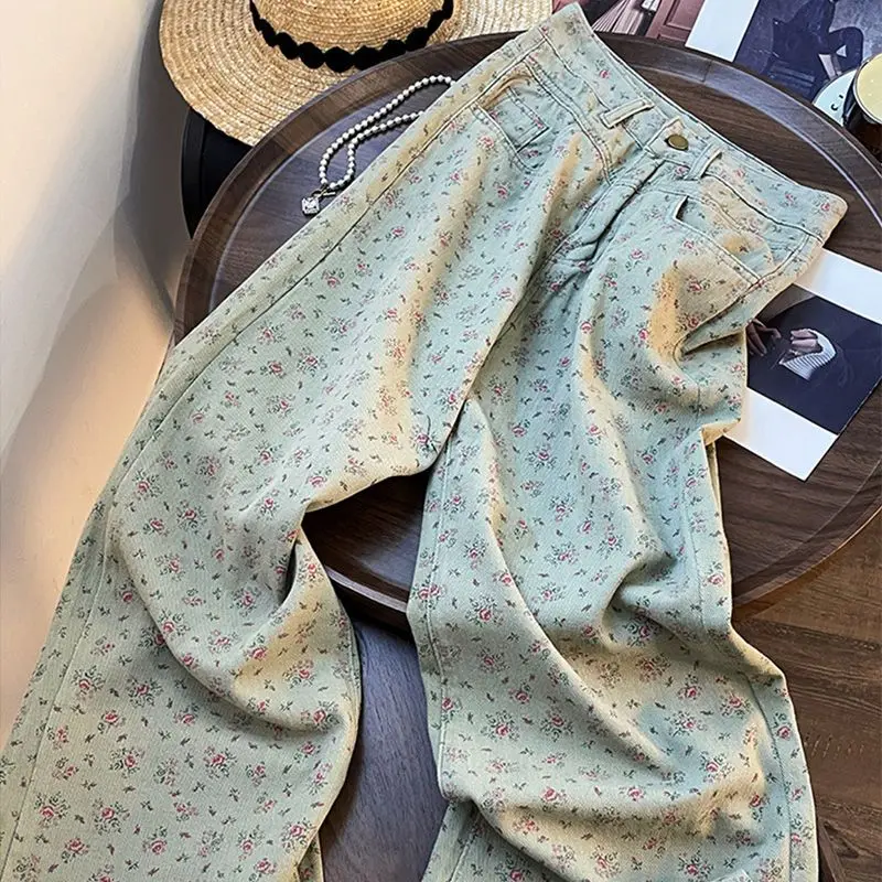 Trousers Jeans American Early Autumn Floral Vintage Straight Jeans Women's New Design Sense High Waist Loose Casual Wide-Leg Pants Tide