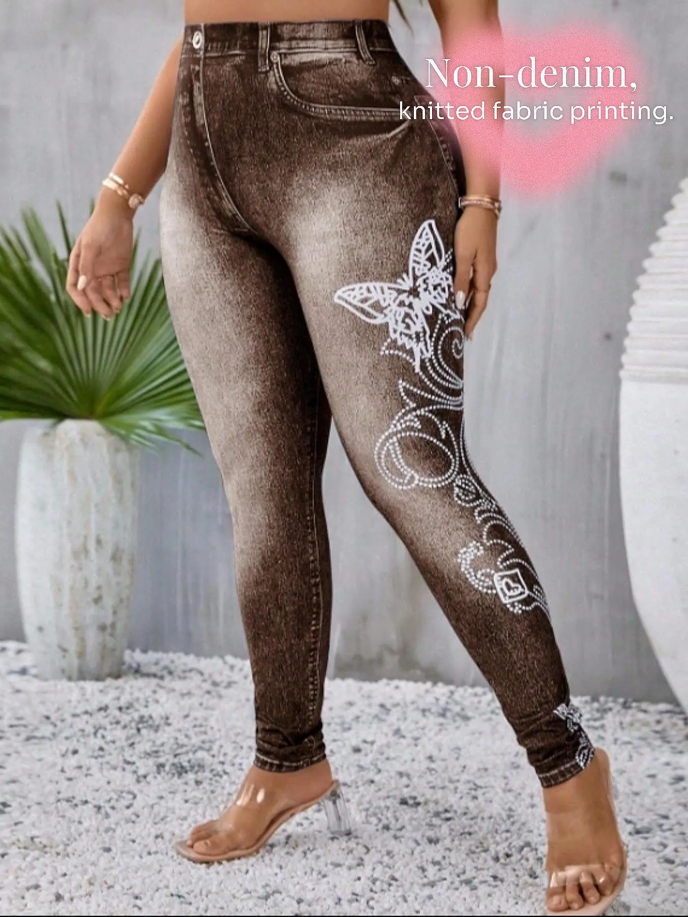 【Plus Size】 Butterfly & Denim-effect Print Fake Buttons Decor Skinny Leggings, Casual Comfy Fake Pockets Design Leggings for Daily Wear, Women's Bottoms for Fall & Winter