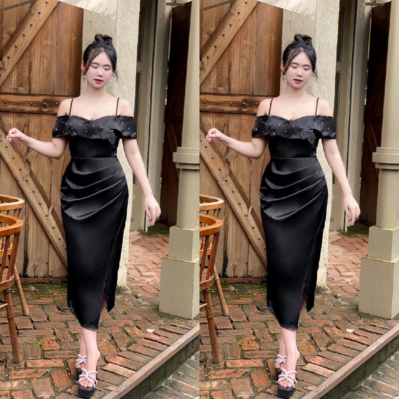 [NGA PHẠM 'DRESS] - ĐẦM BODY LỤA Nữ DỰ TIỆC TRỄ VAI KẾT HỒ ĐIỆP XẾP LY DÁNG NGẮN XẺ CHÂN -(5 màu) đỏ hồng váy dự tiệc 4