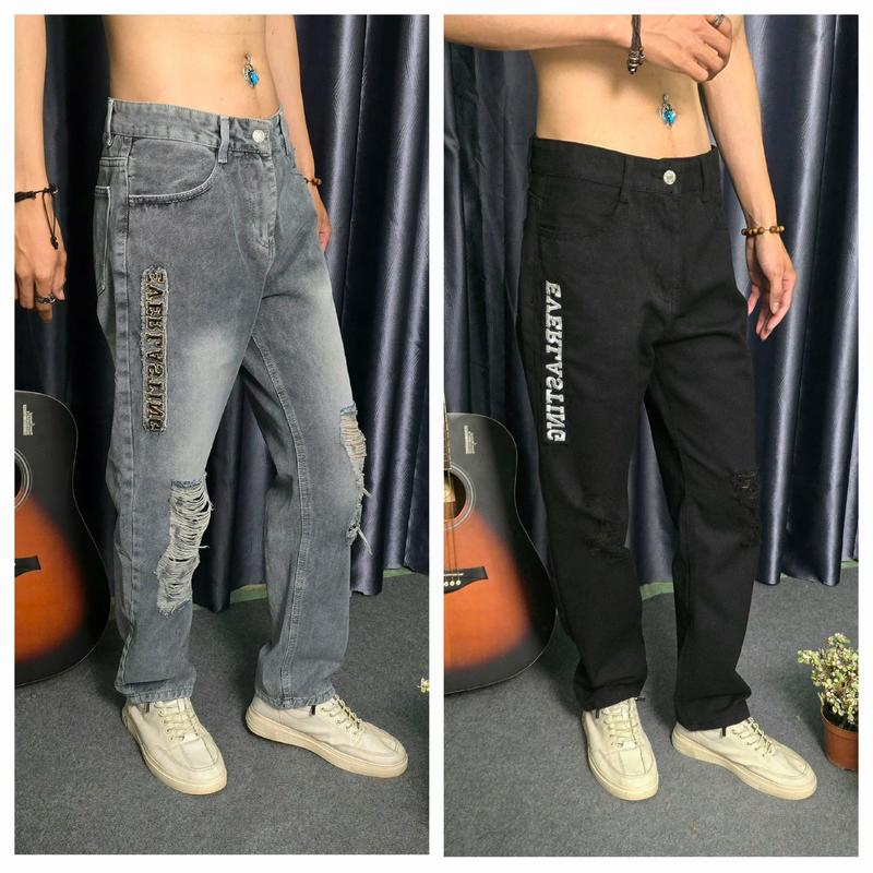 quần jean suông ống rộng xám thiêu rách quanjean nam Menswear Kem