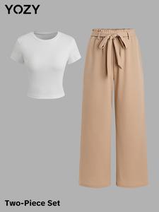 Yozy Ribbed Round Neck Tee & Elastic Waist Wide Leg Pant Set, Casual Short Sleeve T-shirt & Belted High Waist Trousers Set,  Hide Tummy Outfits Uk, 2024 Women's Wear for Summer & Autumn