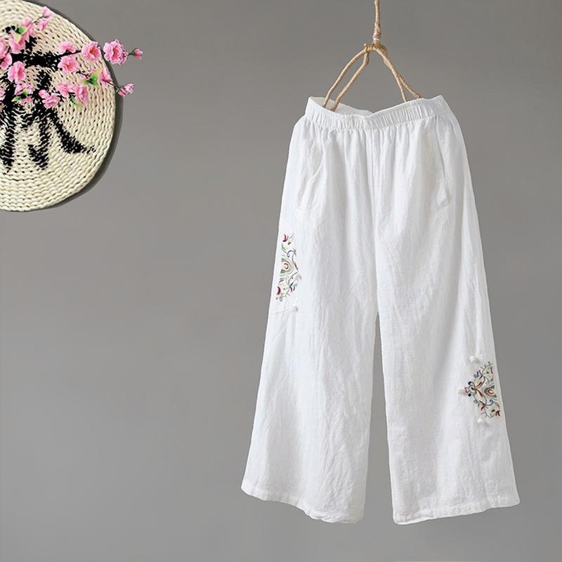  Quần Ống Suông Nữ Cạp Chun Chất Đũi Mềm Thêu Hoạ Tiết Trang Nhã Sp5 