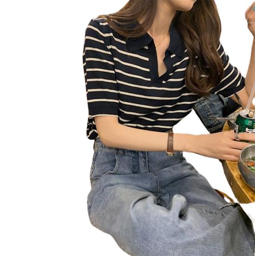 BLOUSE WANITA KOREA STRIPE Hitam Navy Baju rajut salur wanita Atasan knitwear basic 5
