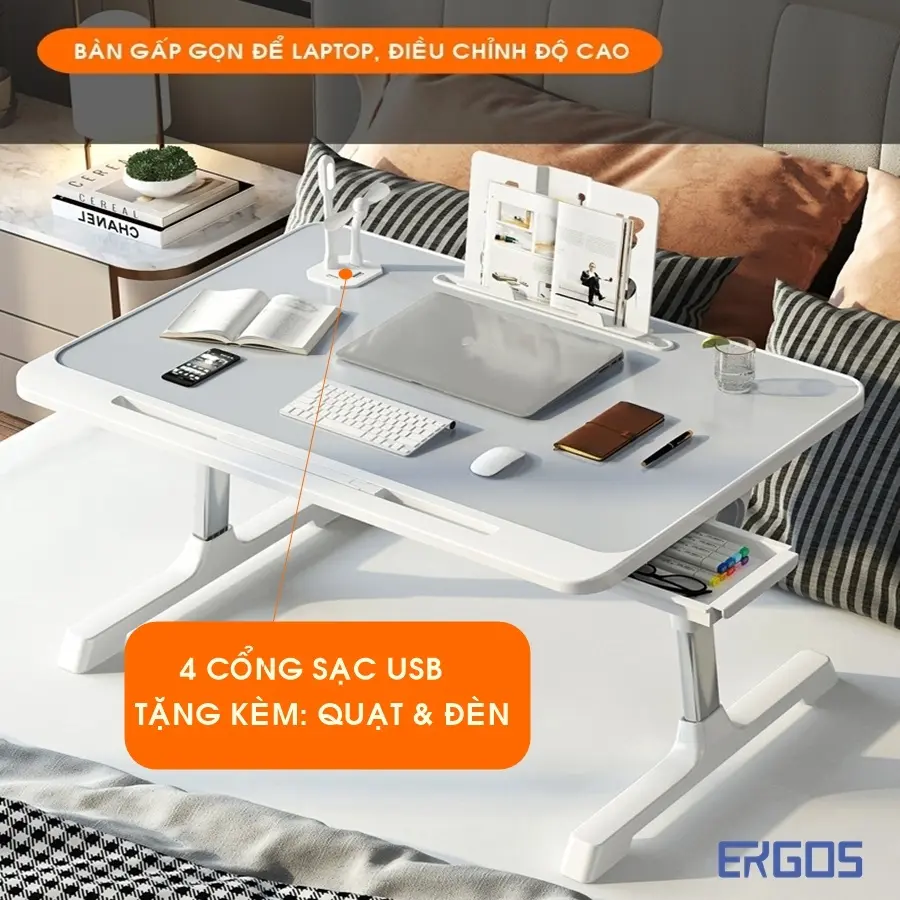 Bàn Học Bàn Laptop Gấp Gọn Điều Chỉnh Độ Cao Có Sạc Điện Thoại Có Khe Cắm Ipad Kèm Sạc Điện USB Quạt Cao Cấp Nhập Khẩu Có thể gập lại
