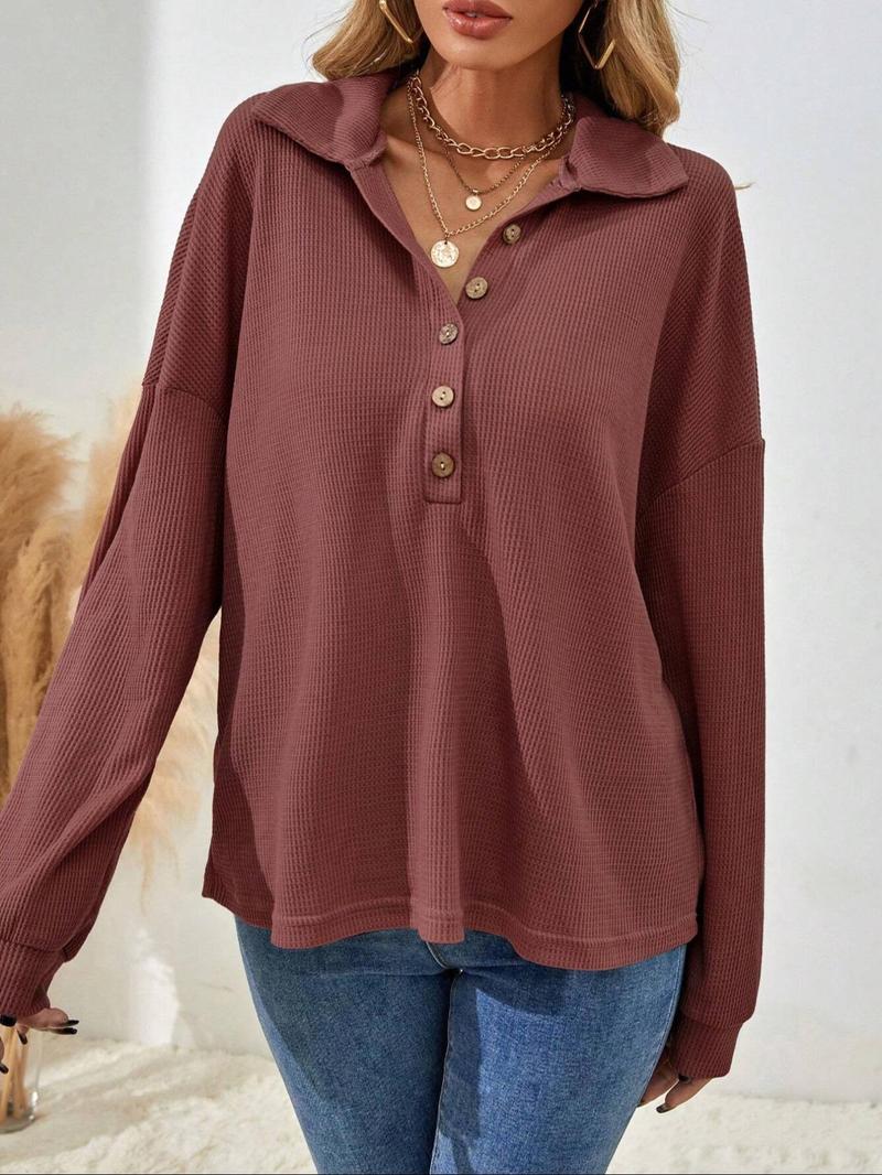 Product Introduction of Women's Plain Half Button Drop Shoulder Tee, Casual Long Sleeve Collared Top for Spring & Fall, Women's Clothing for Daily Wear 10