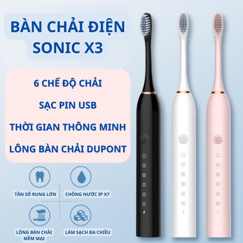 Bàn Chải Điện Đánh Răng Sonic X3 Thông Minh 6 Chế Độ Làm Sạch Tặng Kèm 4 Đầu Thay Thế Lông Mềm Cao Cấp | TEKI Trắng Răng