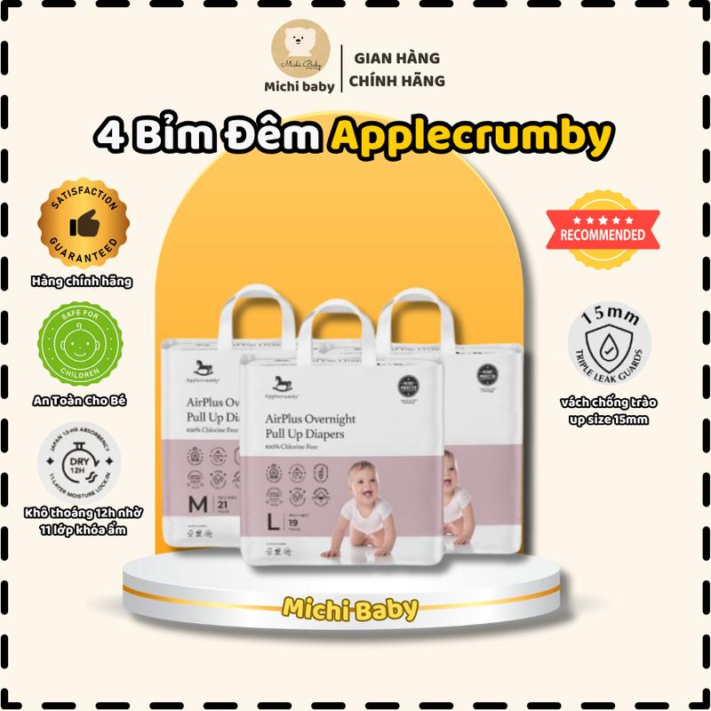 Michi-  COMBO 4 BỊCH BỈM- Đêm Applecrumby AirPlus Overnight Cho Bé NB/S/M/L/XL/XXL, tã bỉm siêu thấm hút- Michi Baby MC580