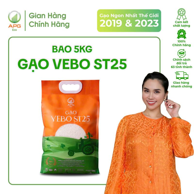 Gạo VEBO ST25 APG ECO Gạo sạch, Dẻo, Thơm, Cơm nguội vẫn mềm dẻo - Mỹ Nhân Làng Gạo, Quy cách Túi 5kg