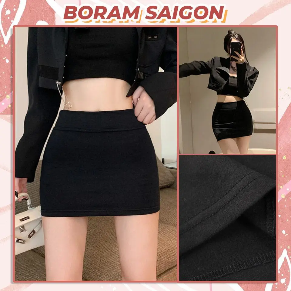 Chân váy body trơn tôn dáng, chân váy cạp cao dày dặn BORAM SG Nữ Women Đen