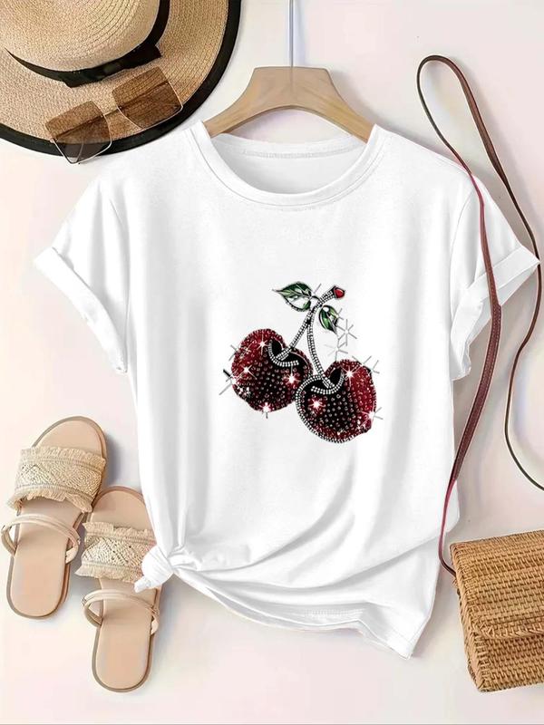 【Plus Size】 Cherry & Letter Print Round Neck Tee, Casual Short Sleeve T-shirt for Summer, Women's Plus Clothing for Daily Wear, Top 4