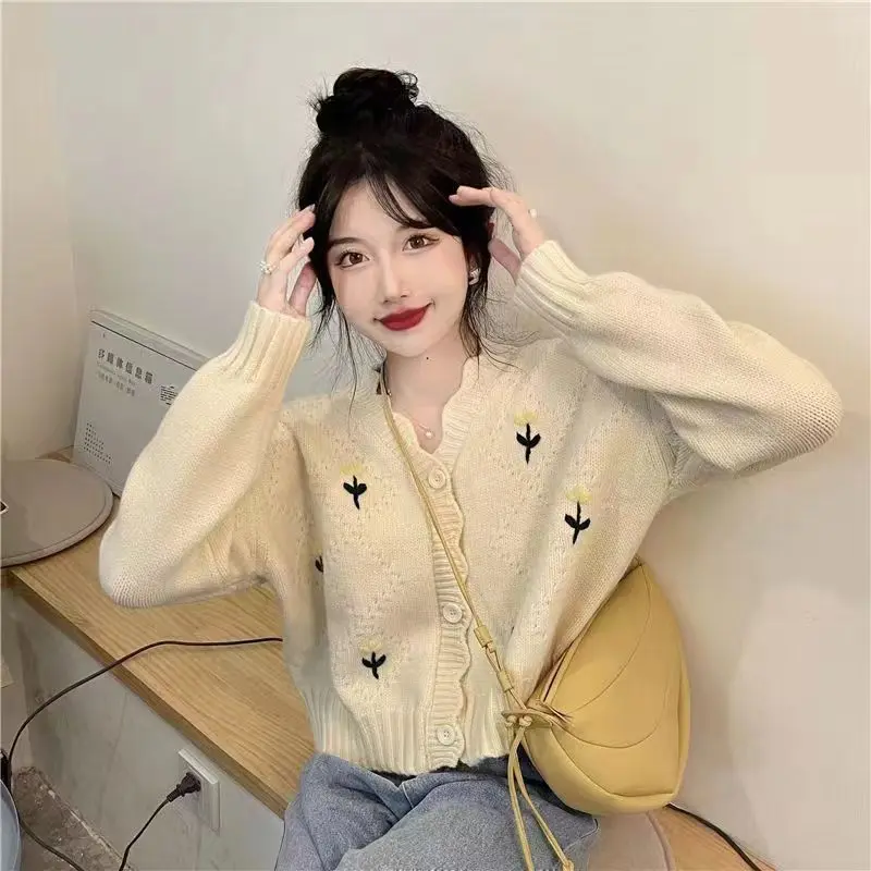 Áo Cardigan Len Dệt Kim, Phong Cách Hàn Quốc Mùa Thu, Thời Trang Trẻ Hơn, Thiết Kế Thêu Hoa, Tay Áo Dài, Áo Mặc Bên Ngoài Nữ, Thời Trang Women Top