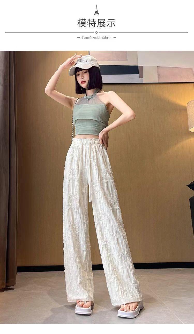Product Introduction of Summer Ripped Rhinestone New Versatile Sports Wide-Leg Pants Trendy Street Style Long Pants Fashionable Elastic Waist High-Waisted Pants for Women 11