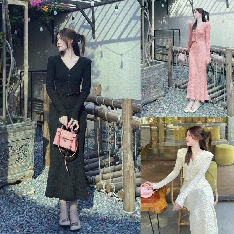 Sét Áo Ren Cổ V Cài Nút Tay Dài Phối Chân Váy Dài Có Lót Trong Cao Cấp Dịu Dàng Thanh Lịch. Dress Màu Đen Nữ Women Top Màu Hồng