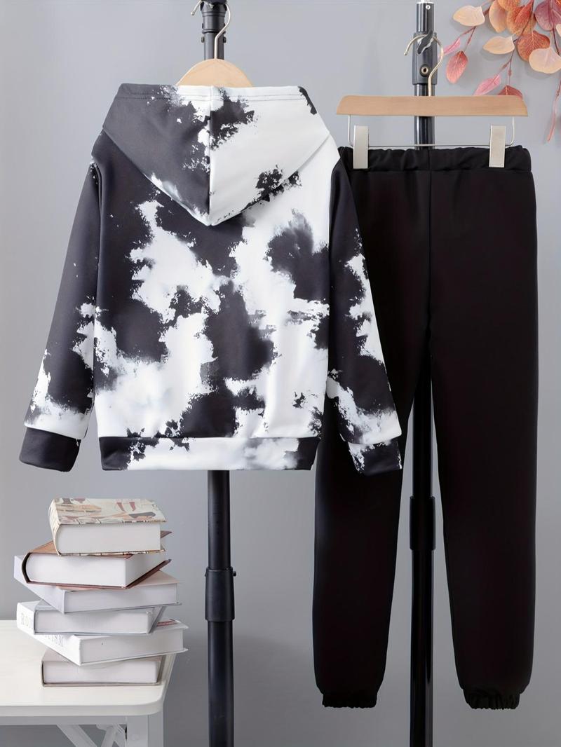 Product Introduction of Boy's 2pcs Tie Dye Print Hoodie & Drawstring Waist Sweatpants Set, Casual Fashion Letter Print Hooded Pullover & Pocket Elastic Waist Pants For Daily Wear, Boy's Two-Piece Outfits For Fall & Winter 2