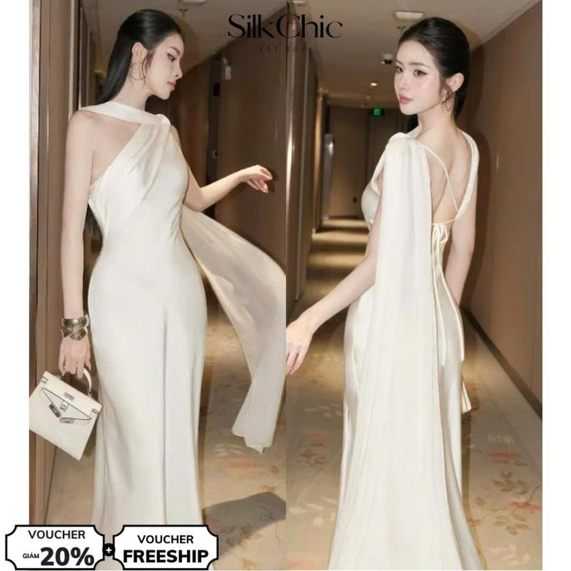 Váy Lụa Cổ Yếm Tà Chéo Hở Lưng SC09 Váy Lụa Dáng Dài Tôn Dáng Gợi Cảm Sang Chảnh Đi Tiệc