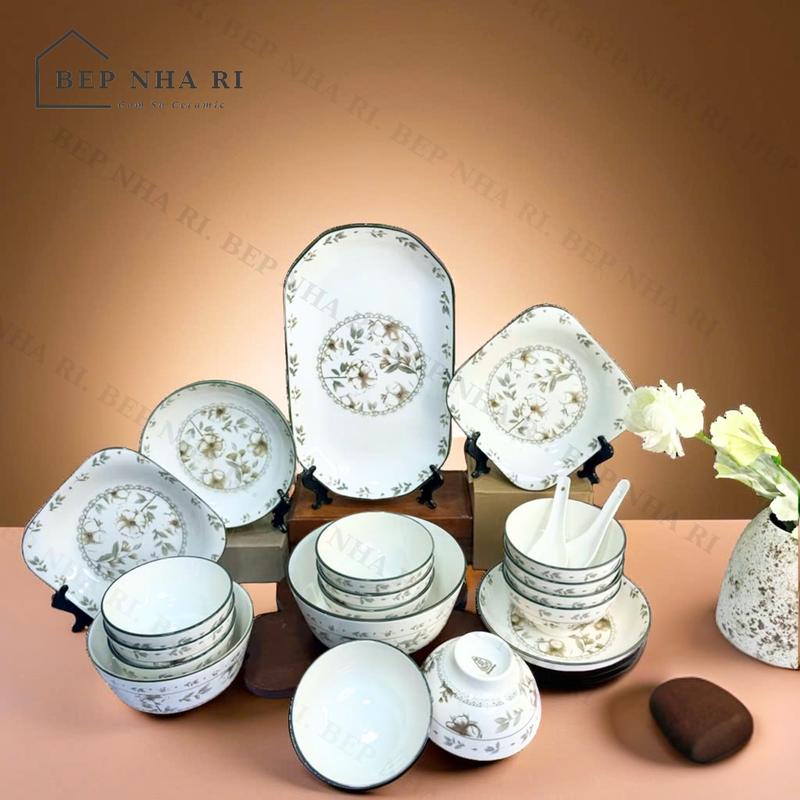 [ BepNhaRi ] Bộ Bát Đĩa họa tiết Hoa SALA trắng gốm sứ loại 1 - decor không gian bếp