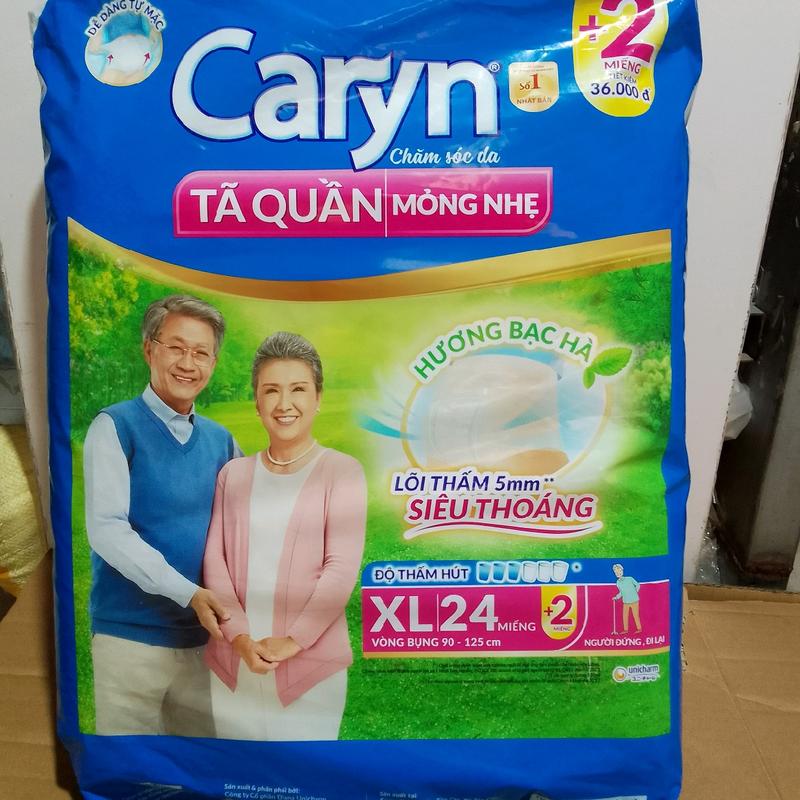 (Tặng 2 hoặc 4 miếng) Tã quần người lớn Caryn XL 24 +2 miếng siêu thấm vòng hong 90-123cm . tã người già
