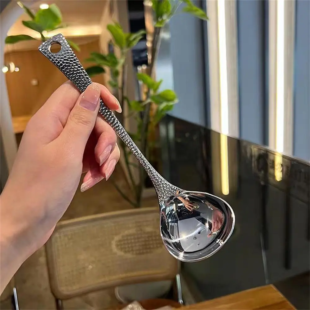 Internet Celebrity Stainless Steel Soup Spoon Soup Strainer Fish Scale Handle Soup Spoon Household Hot Pot Spoon Kitchen Cooking Spoon Long Handle Soup Shell Strainer