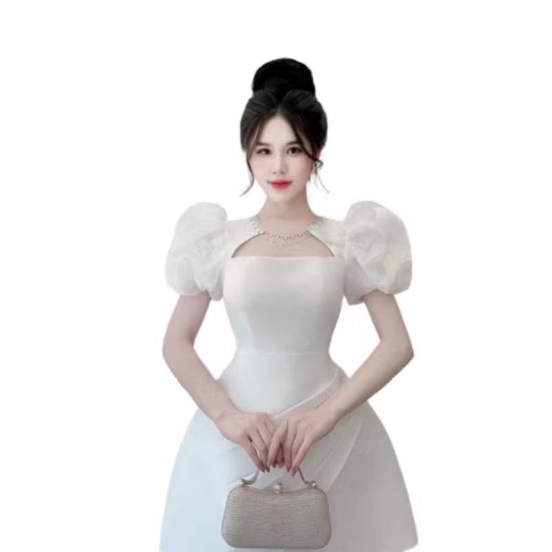 ￼Váy Dự Tiệc, Đầm thiết kế tafta Tafta tay phối tơ bồng đính đá cổ chân chéo mới lên kệ Đen, trắng, hồng 2