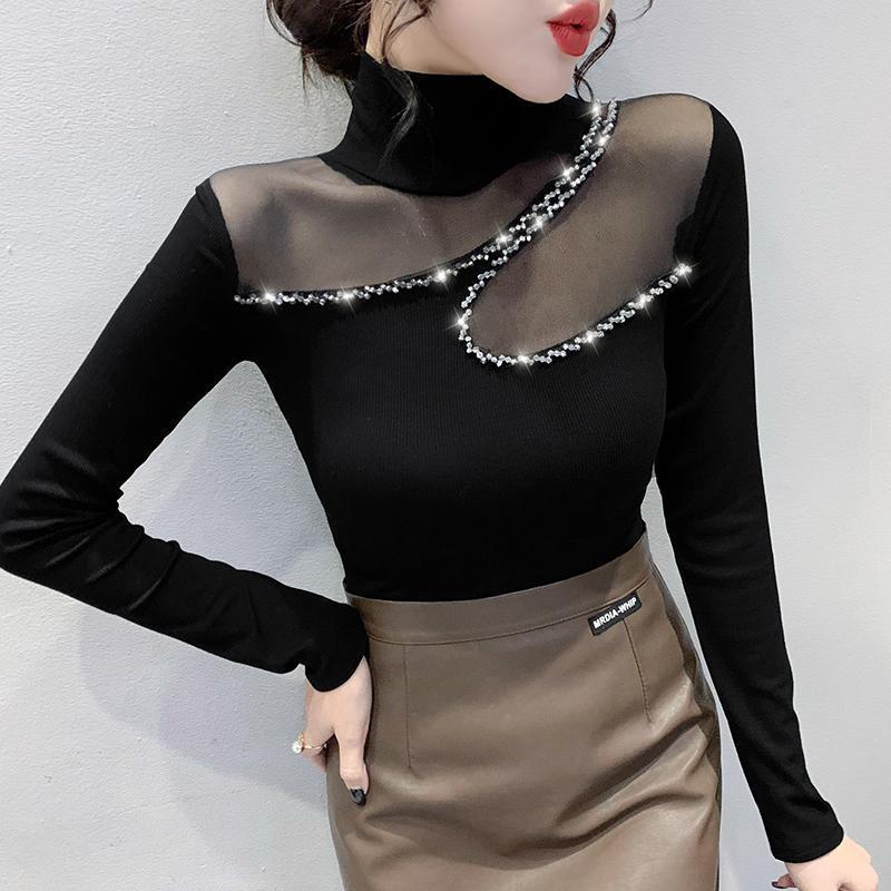 Product Introduction of Áo Mỏng Cho Nữ, Cổ Lọ European Station, Khâu Lưới, Thiết Kế khoét Dài Tay, Dáng Ôm, Hàng Mới Về Năm 2024, Thích Hợp Cho Mùa Thu Và Mùa Đông, Có Dát Kim Cương Top Women Sơ Mi Shirt 1