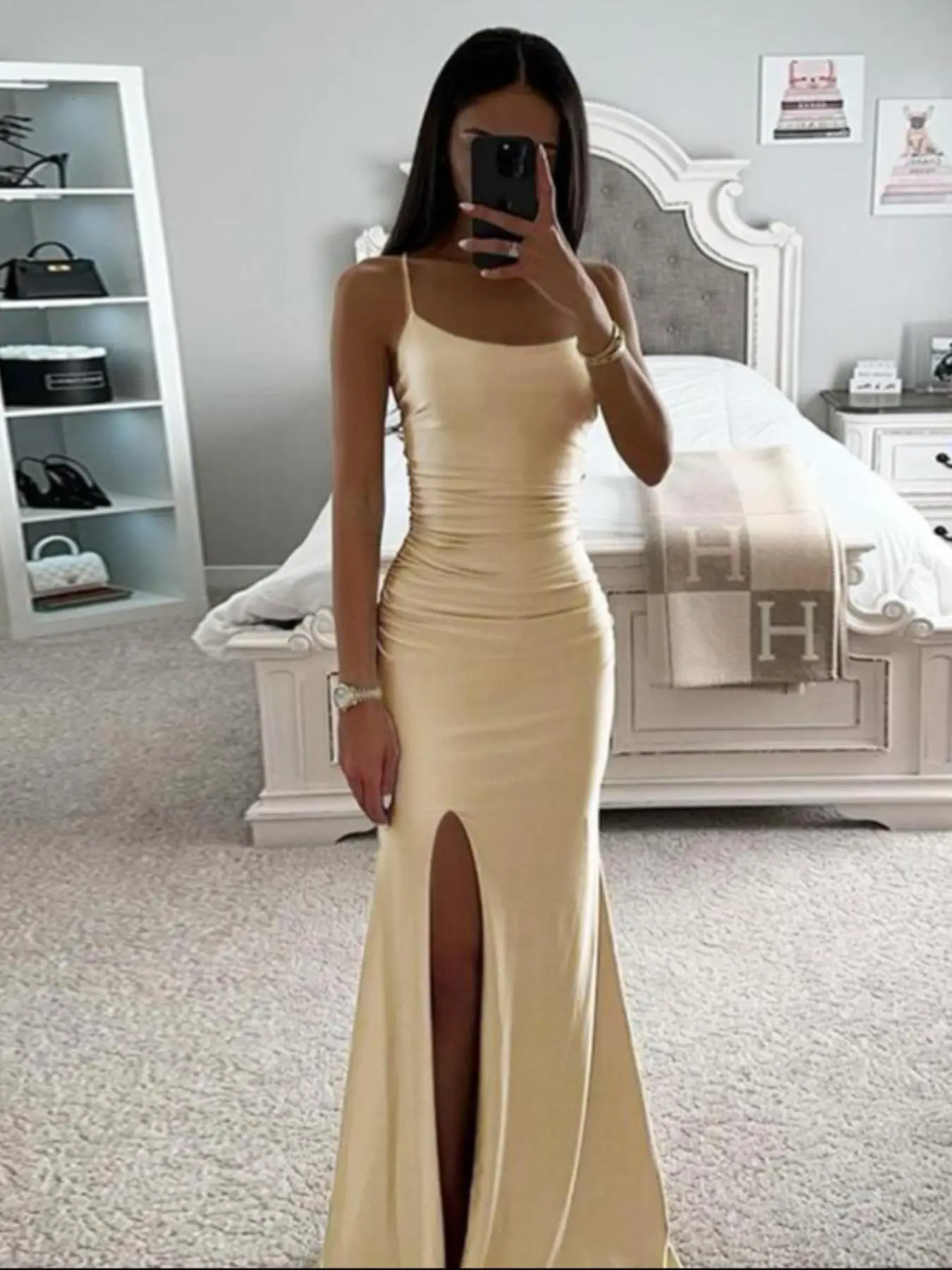 Women's Plain Ruched Split Thigh Cami Dress, Elegant Adjustable Strap Sleeveless Evening Party Gown, Ladies Summer Clothes