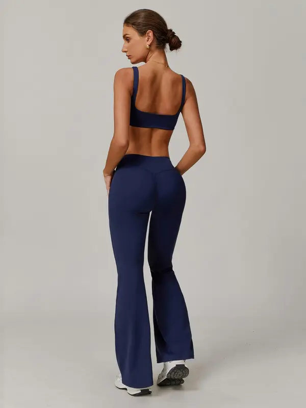 Women's Solid Backless  Crop Sports Bra & Flare Leg Pants Sports Set, Casual Comfy Breathable Two-piece Outfits for Yoga Gym Workout Running, Ladies Sportswear for All Seasons, Activewear, Athletic Tracksuit 8