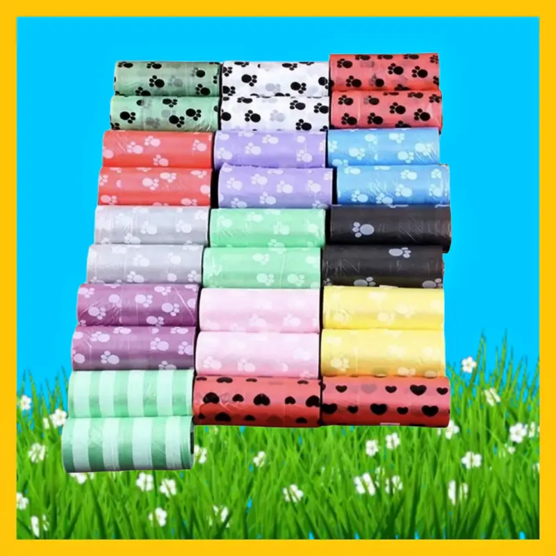 Kantong sampah 1 roll/15 pcs Poop Bag Motif Plastik Sampah Persediaan Hewan Peliharaan Warna Warni praktis 2