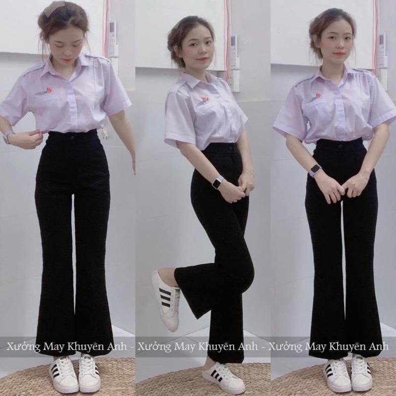 Quần tây ống loe đi học lưng cao có túi 1 khuy nữ m50 m55 nấm lùn - Quần ống loe vảy cạp cao màu Đen vải Vitex dày dài tôn dáng