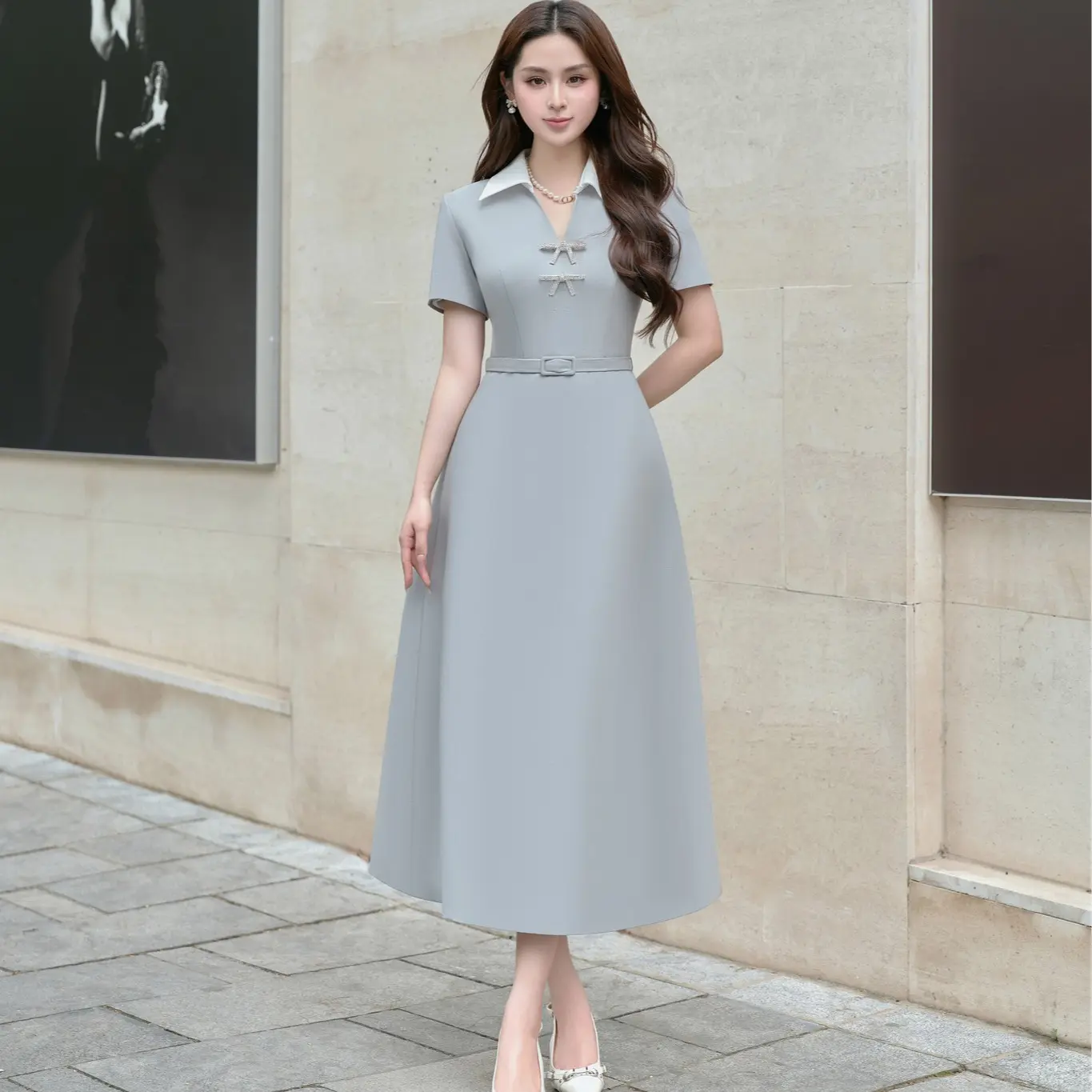 HILGA DRESS - Đầm nữ cổ sơmi phong cách thanh lịch công sở WHITE PLAN Women Cotton Women Cotton