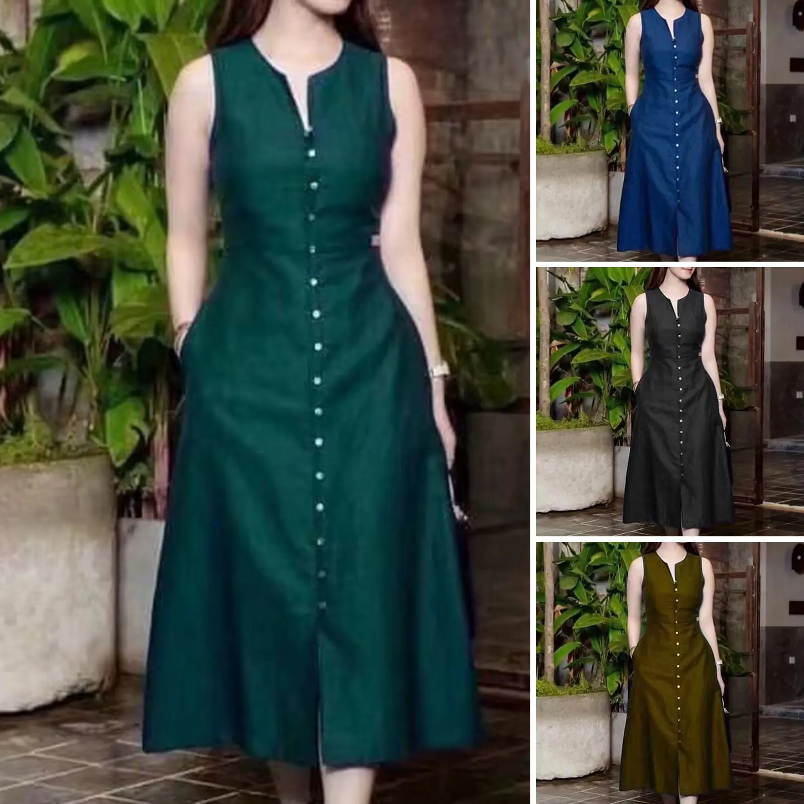 arunreh-Women Summer Dress Single-breasted Sleeveless Solid Color Pockets Buttons A-line Mid-calf Length V Neck Tight Waist Lady Midi Dress
