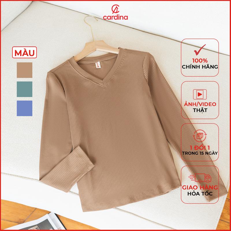 Áo thun nữ CARDINA chất liệu len tăm cổ tim tay dài co dãn thoải mái dáng ôm vừa trẻ trung 3AFD07 Women Top Voi