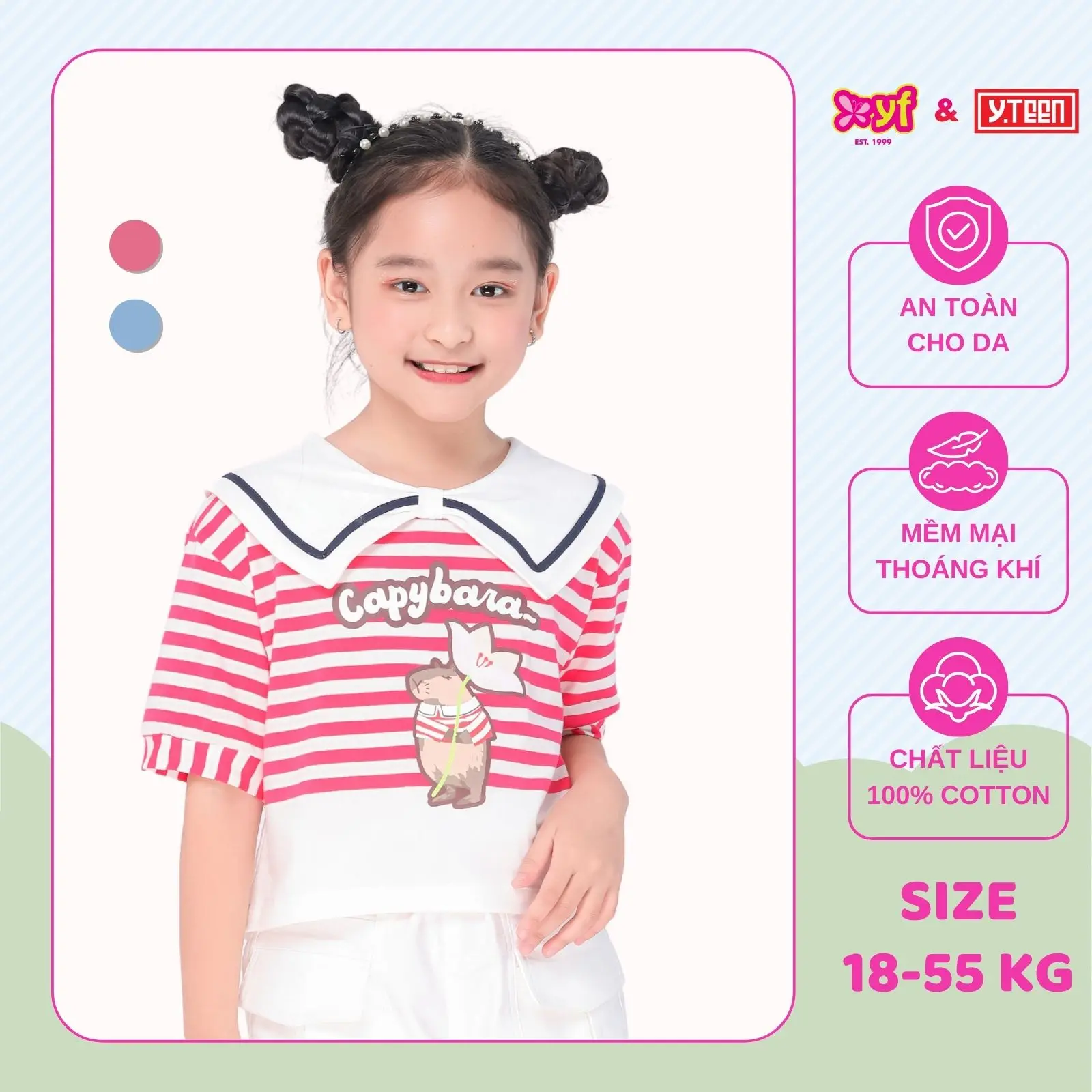 YF Áo Thun Sọc In Hình Capybara Dễ Thương Cho Bé Gái Chất Cotton Thoải Mái YAX023-3